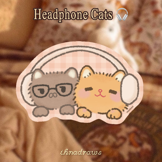 Headphone Cats Sticker | ihnadraws cute cozy whimsical silly cat lover meme waterproof sticker
